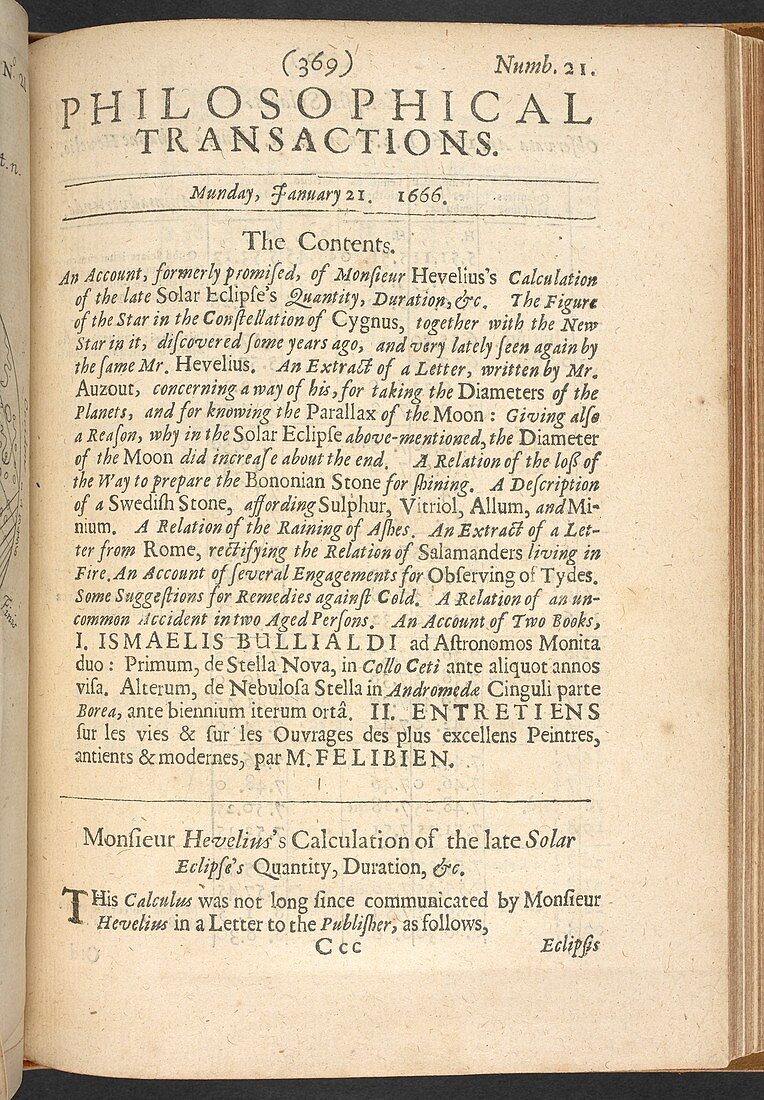 Contents page from Philosophical Transactions, 1667