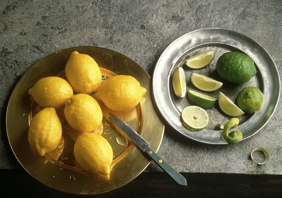 Einige Zitronen & Limetten mit Wassertropfen auf Tabletts