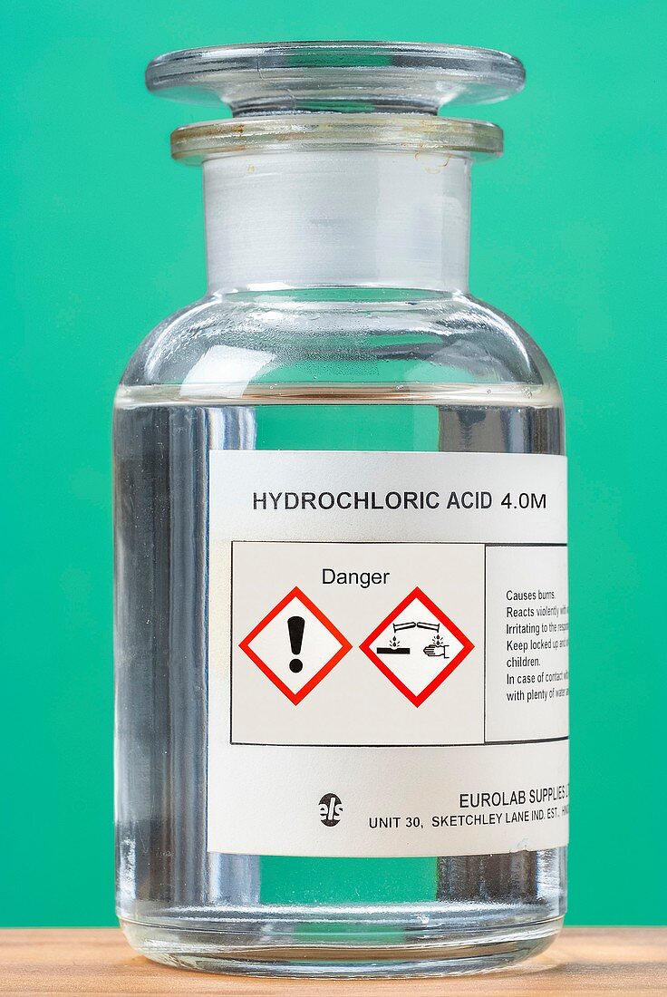 Reagent bottle of 4.0M hydrochloric acid