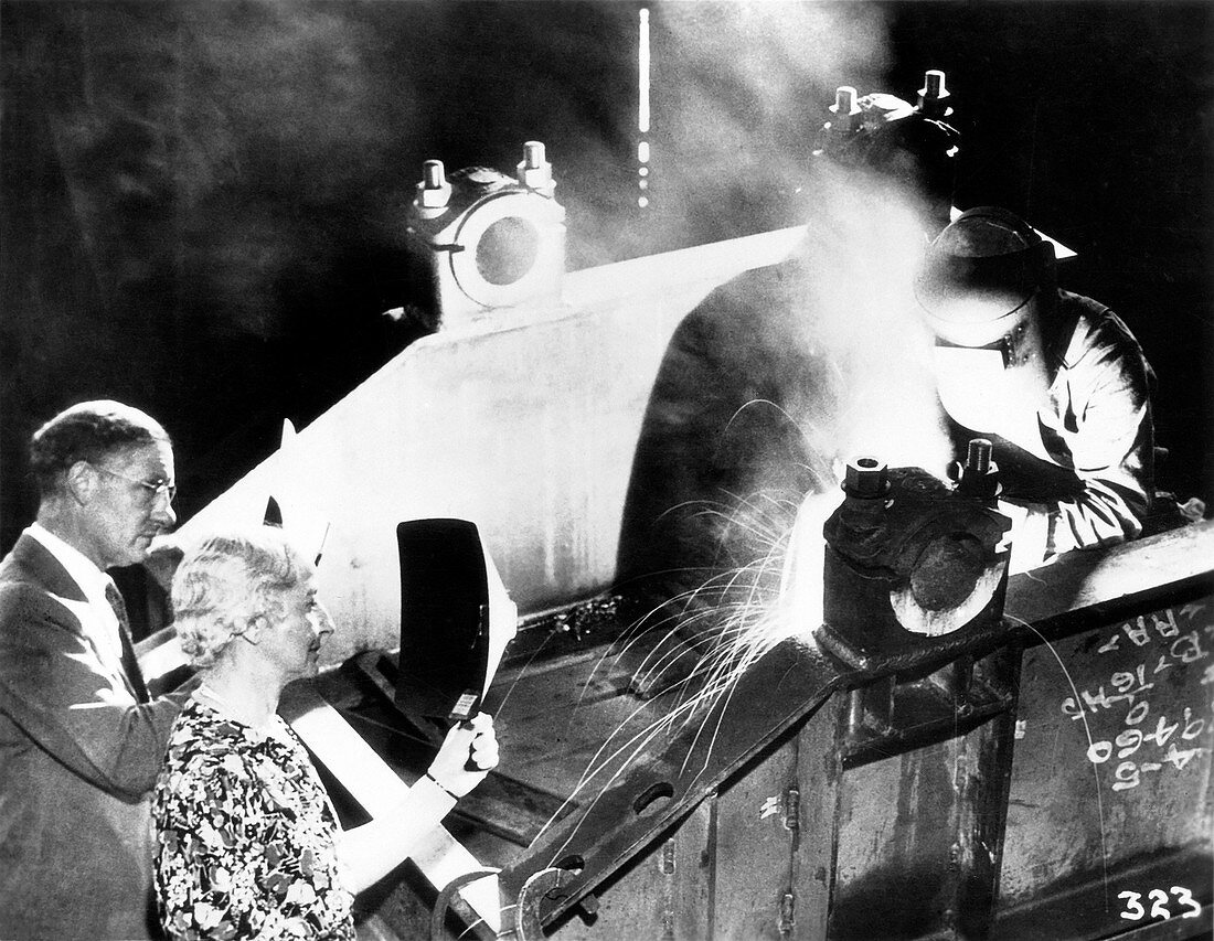 Arc welding pioneers observing welding, 1938
