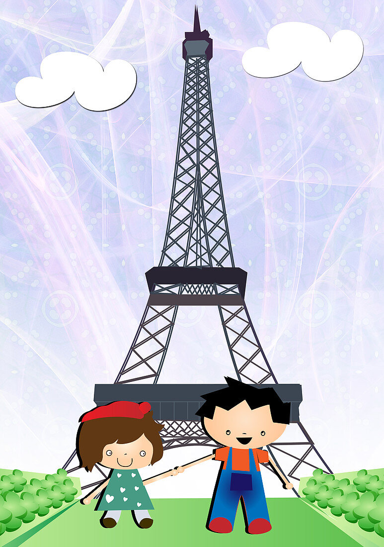 Boy and a girl in front of Eiffel Tower, illustration