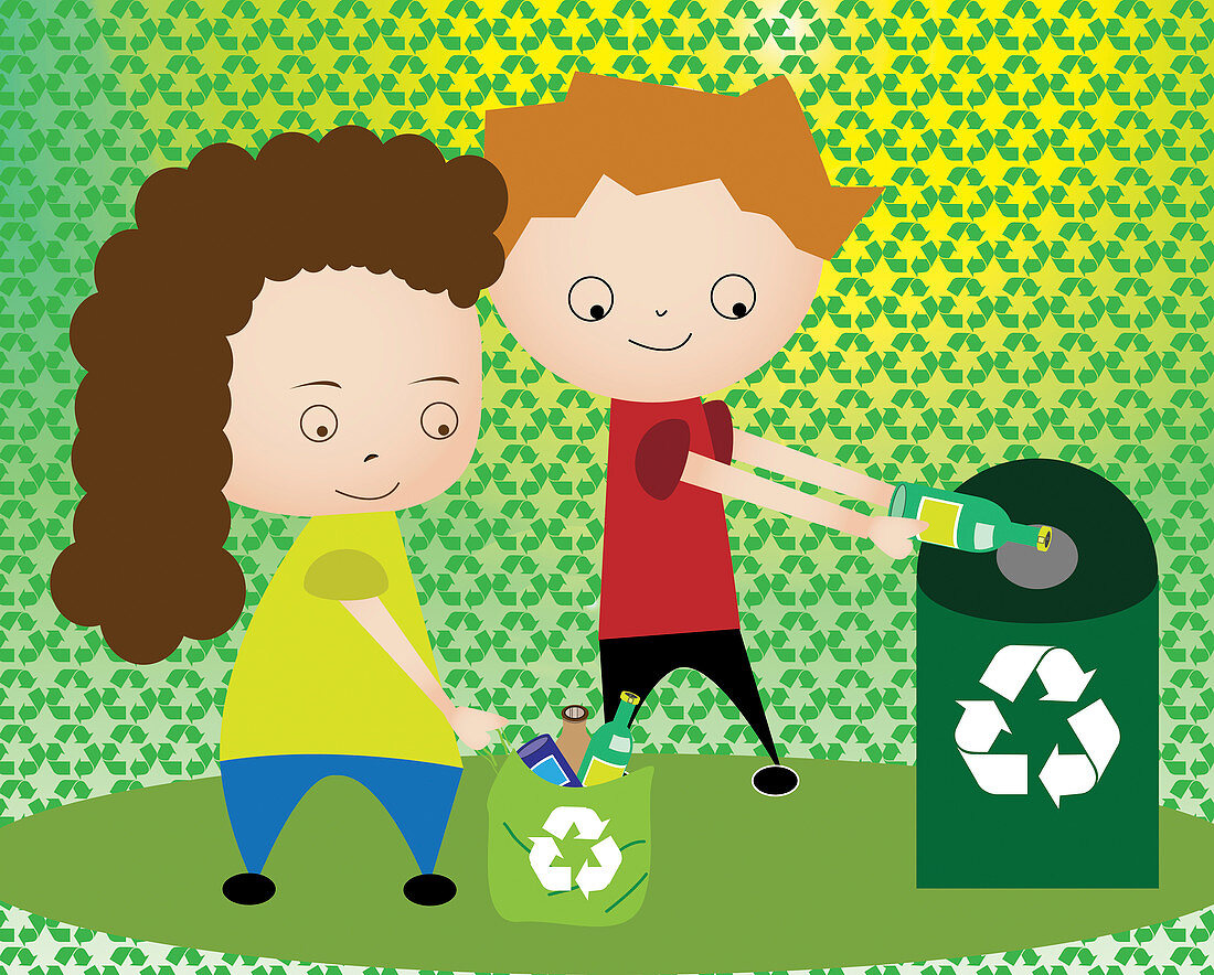 Boy and a girl recycling, illustration