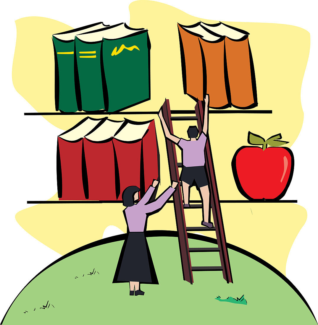 Boy climbing a ladder to reach books, illustration