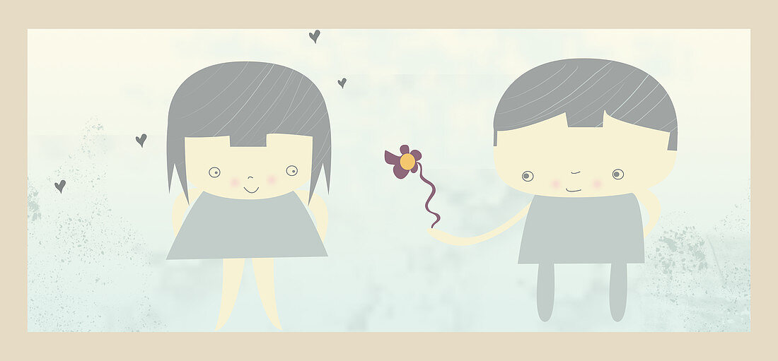 Boy giving a flower to a girl, illustration