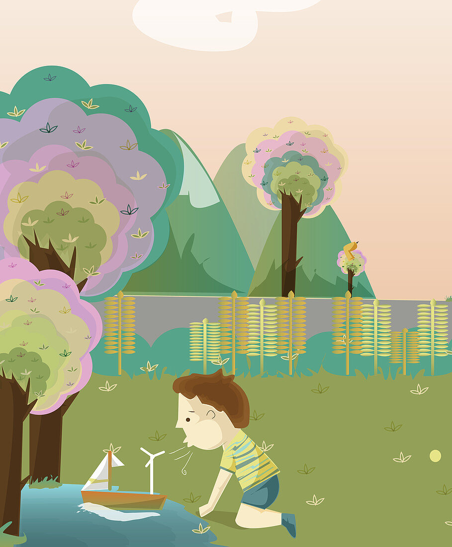 Boy with a boat and wind turbine, illustration