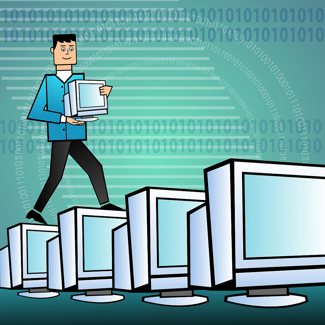 Businessman arranging computers, illustration
