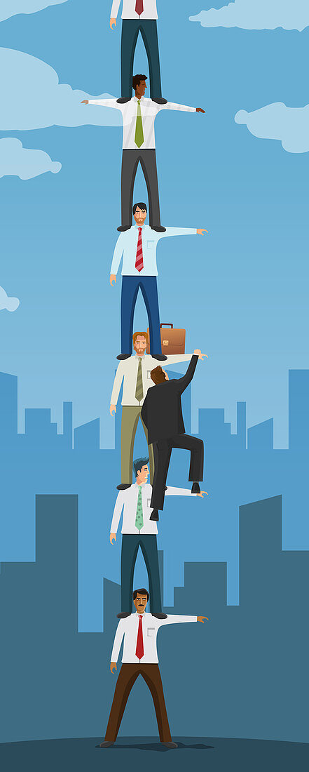 Businessman climbing human ladder, illustration