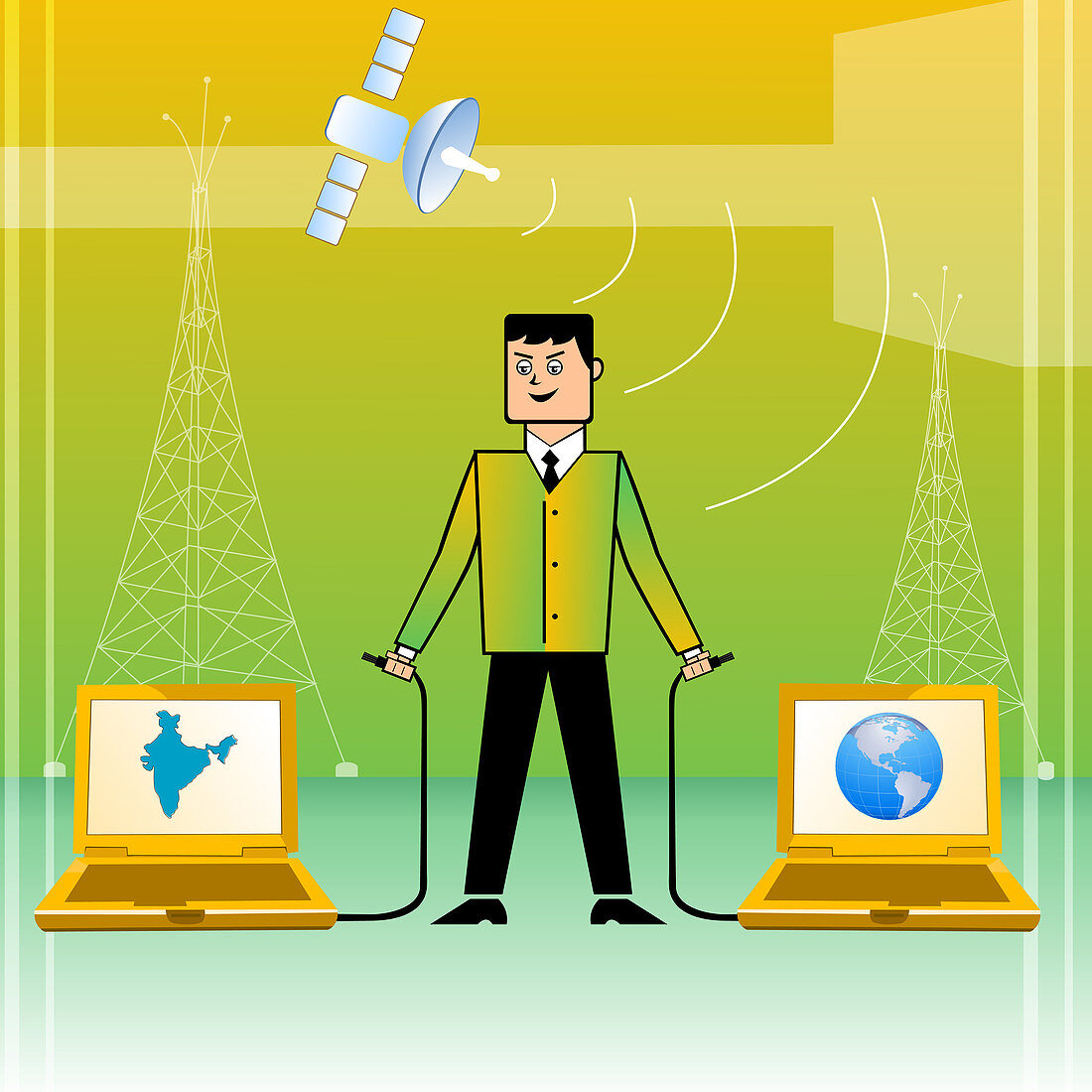 Businessman connecting India with World, illustration