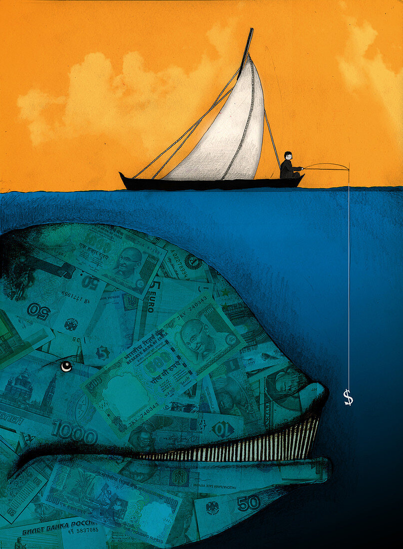 Businessman fishing for a large money whale, illustration