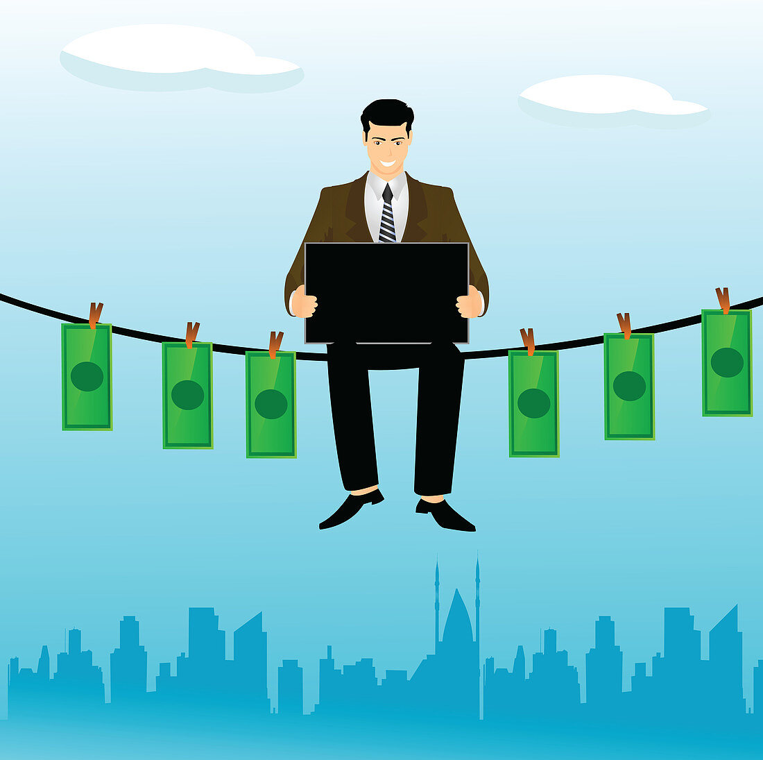 Businessman sitting on a clothesline, illustration