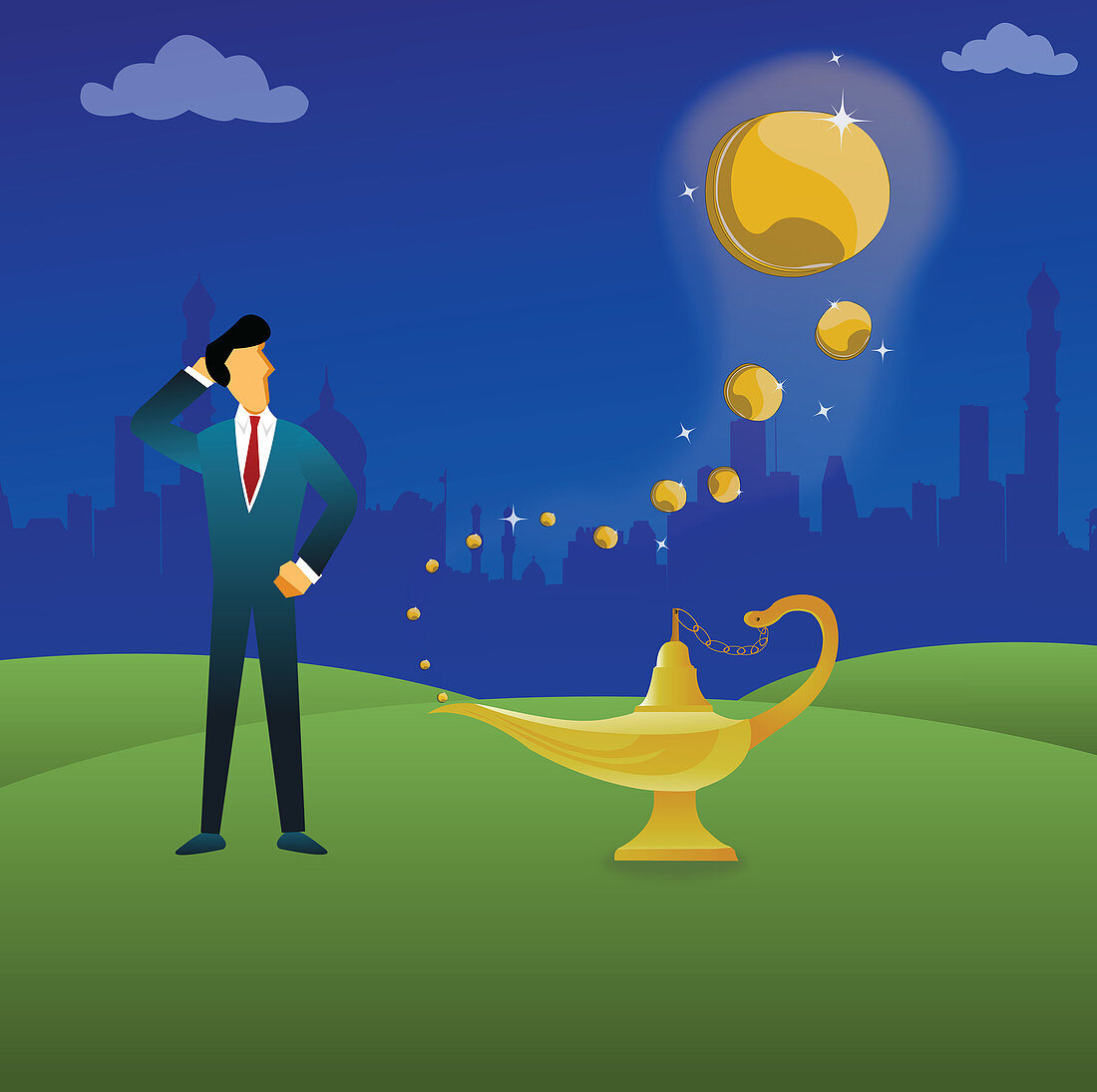 Businessman standing next to a magical lamp, illustration