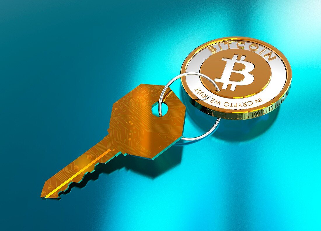 Bitcoin and key, illustration