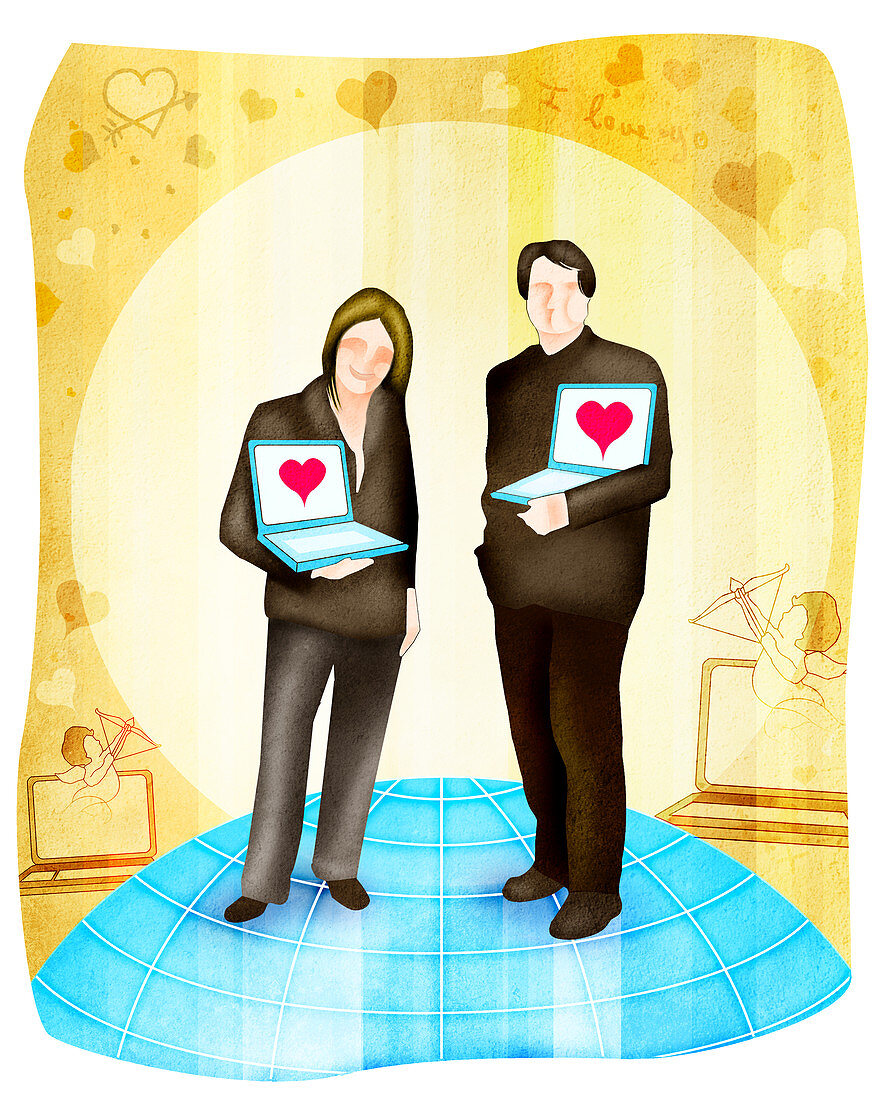 Couple standing with laptops, illustration