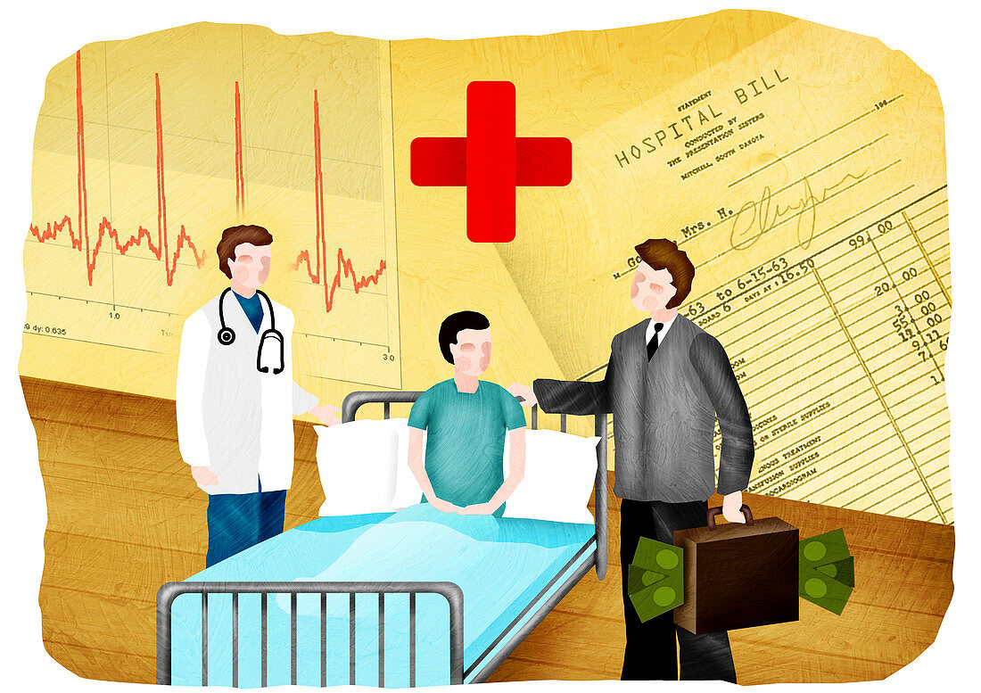 Doctor, medical insurance agent and patient, illustration