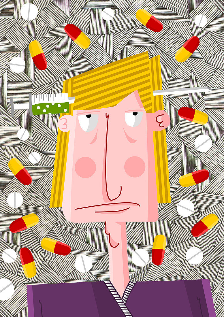 Drug addict surrounded by pills, illustration