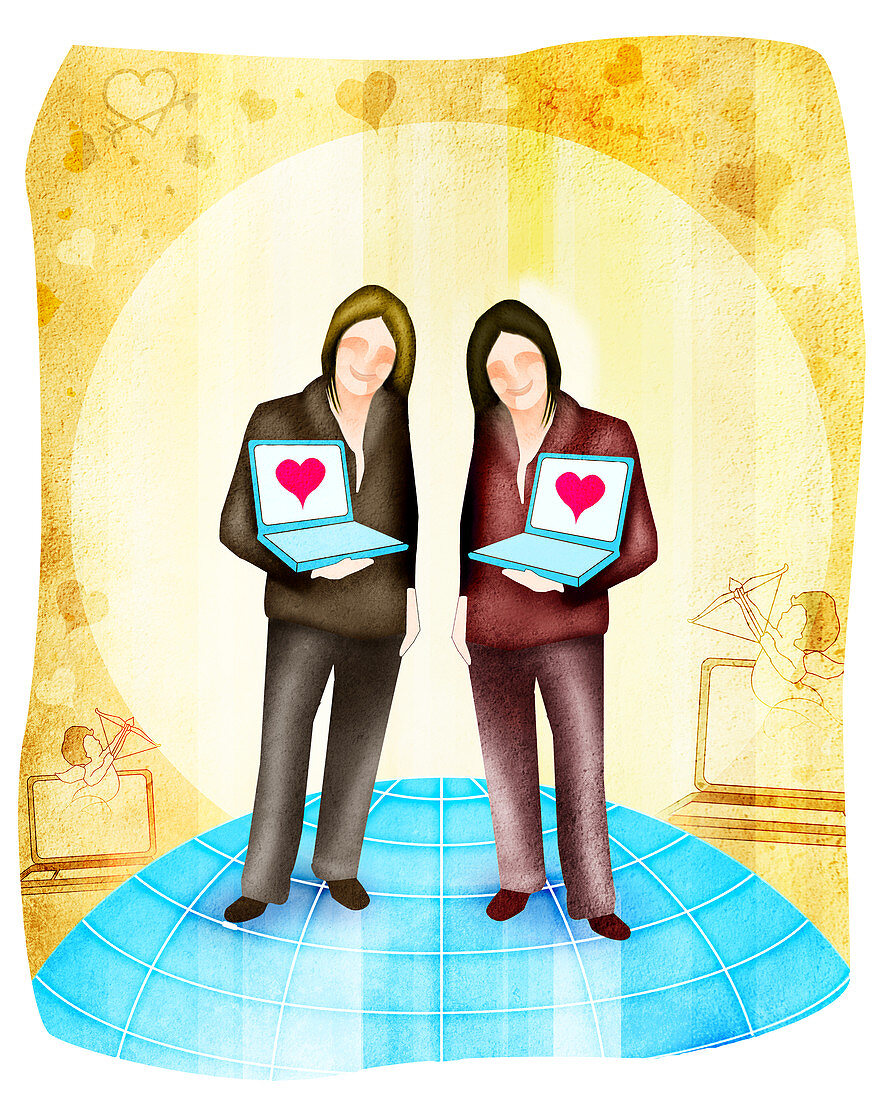 Female homosexual couple standing with laptops, illustration