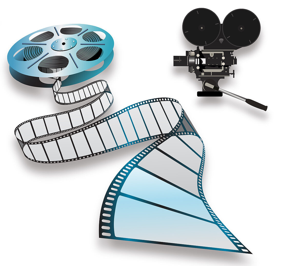 Film reel and camera, illustration