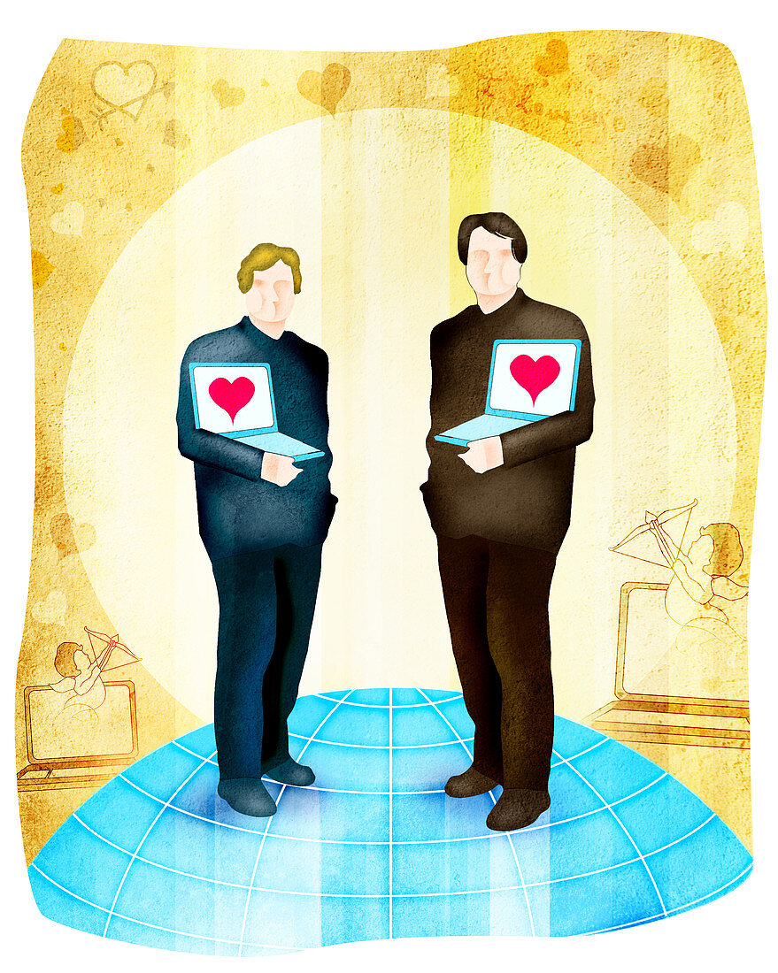 Gay couple standing with laptops, illustration