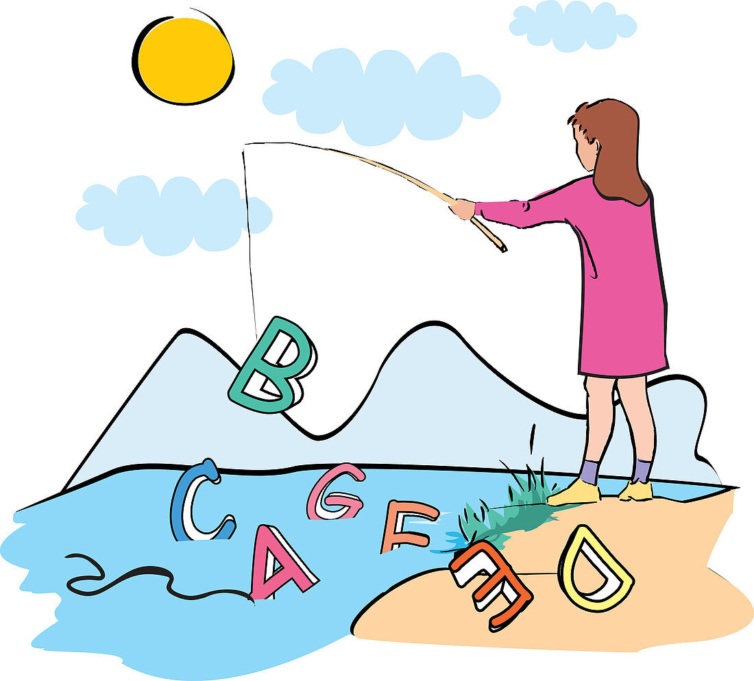 Girl fishing out alphabets, illustration