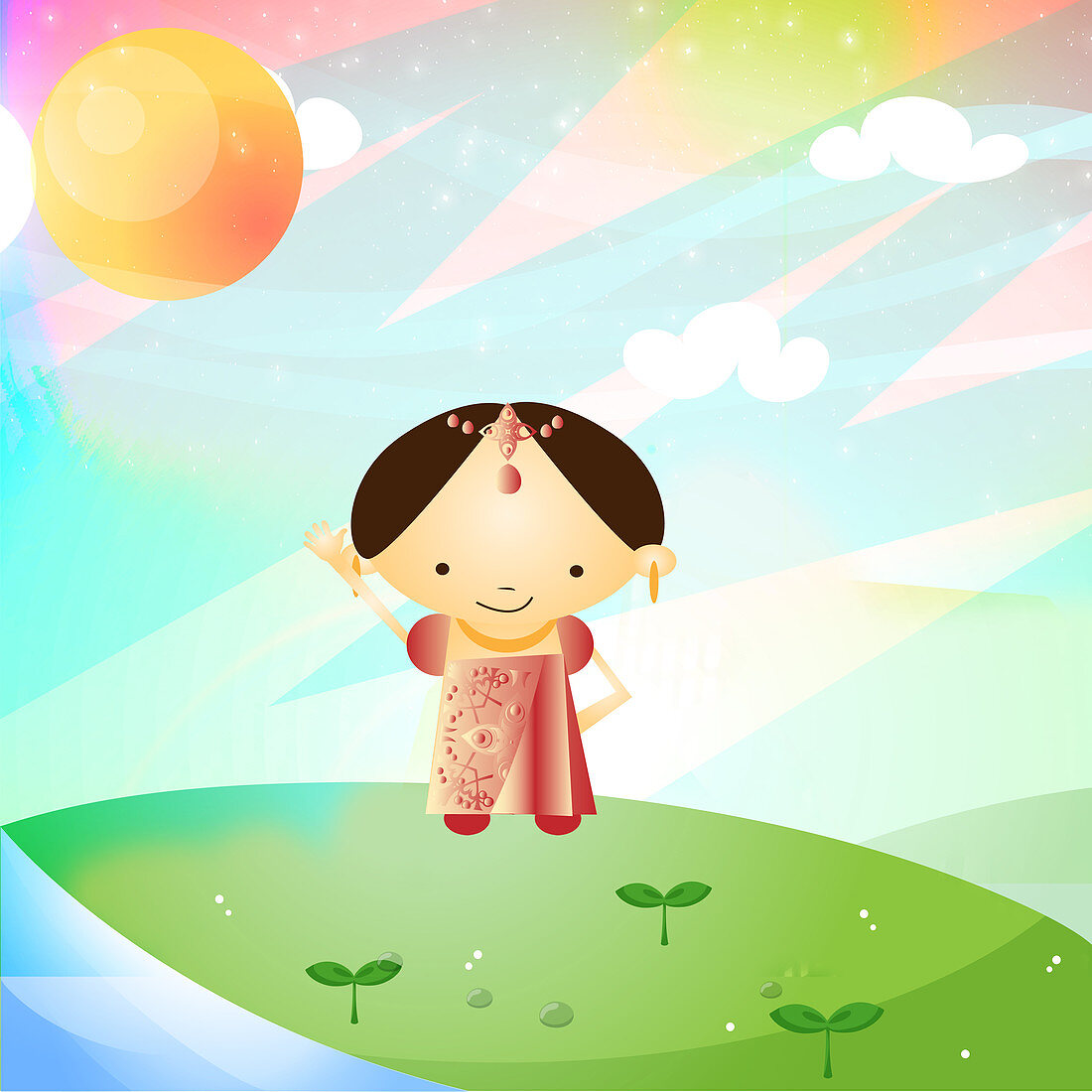 Girl standing in a field and smiling, India, illustration