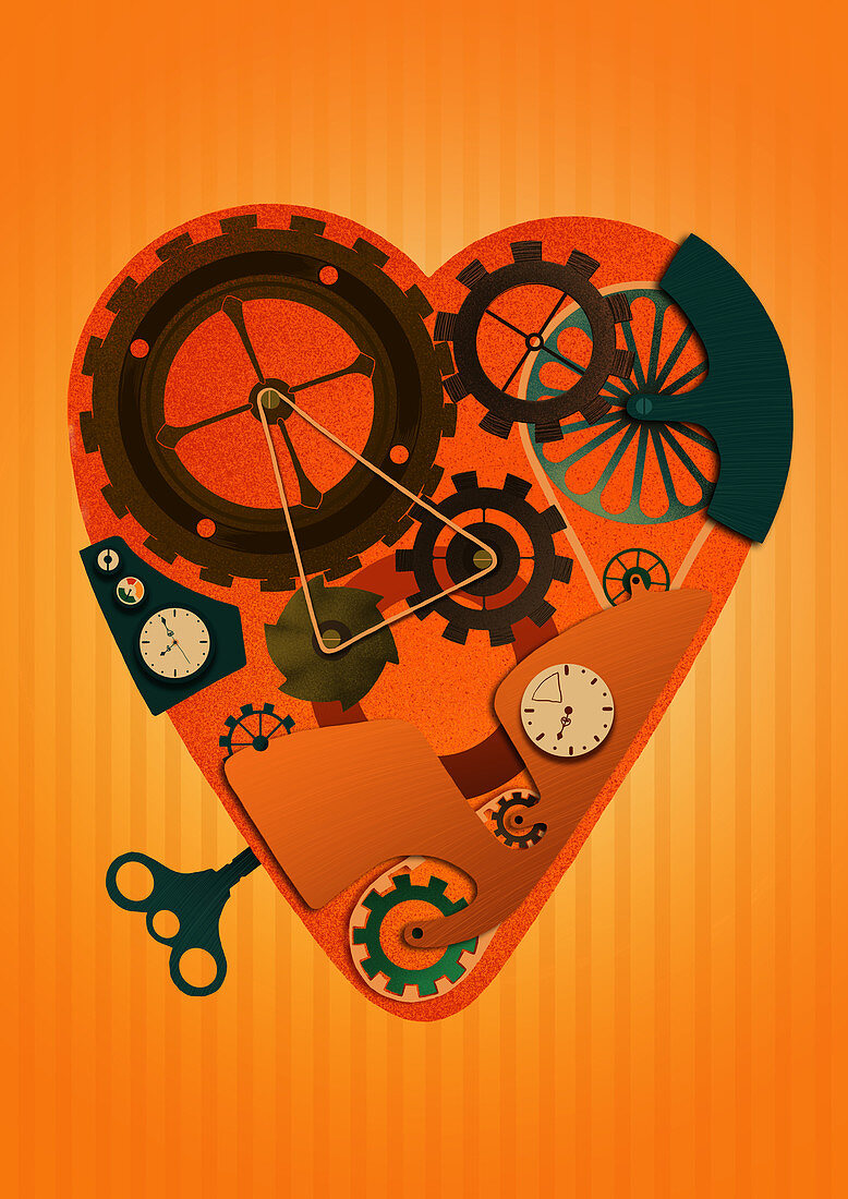 Heart shaped machine with wind-up key, illustration