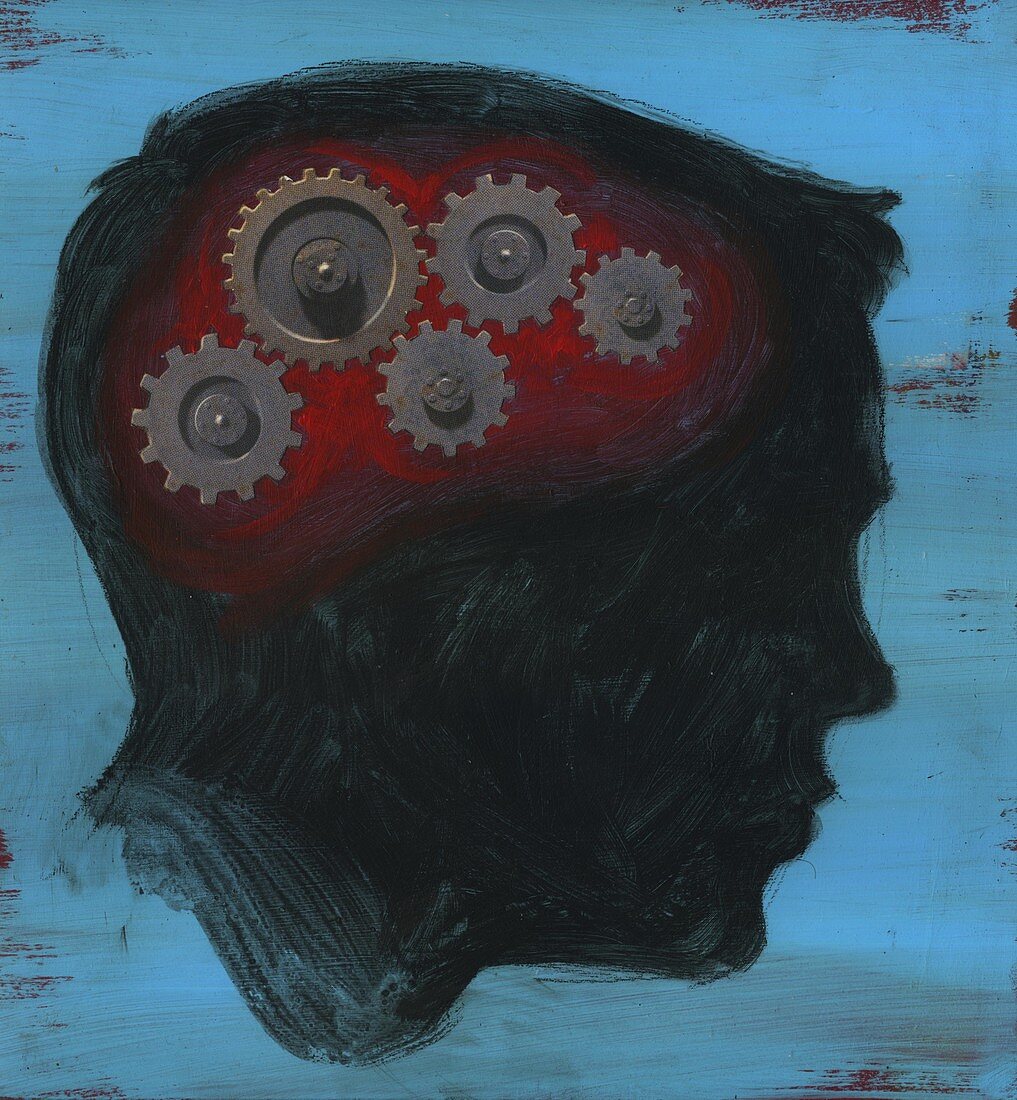 Human head with interlocked gear wheel, illustration