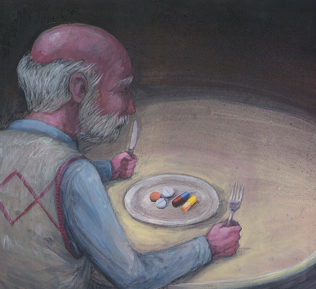 Illustration elderly man with medication on plate
