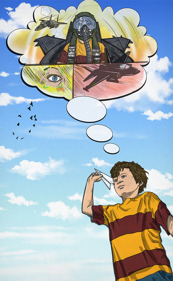 Illustration of boy flying paper plane