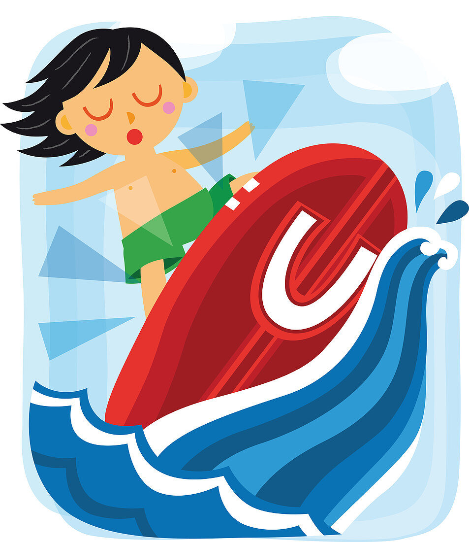 Illustration of boy surfing with letter U
