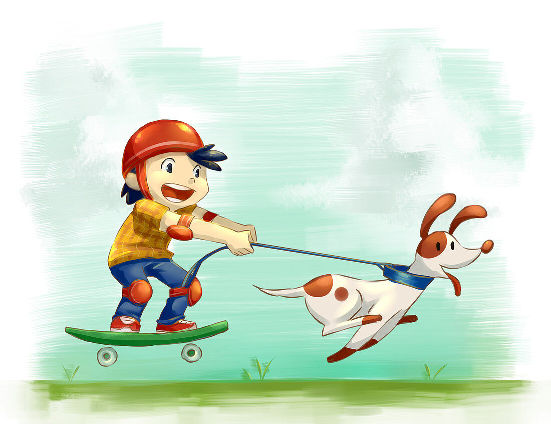 Illustration of boy with dog rollerskating