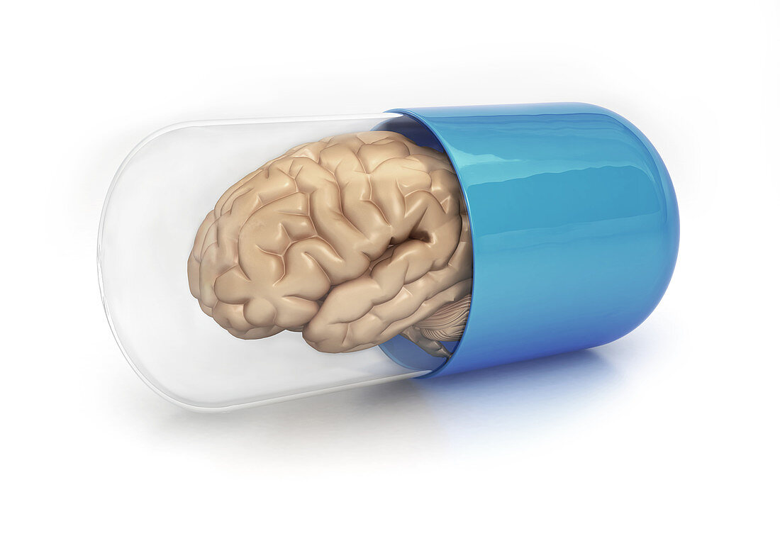 Illustration of brain in transparent capsule