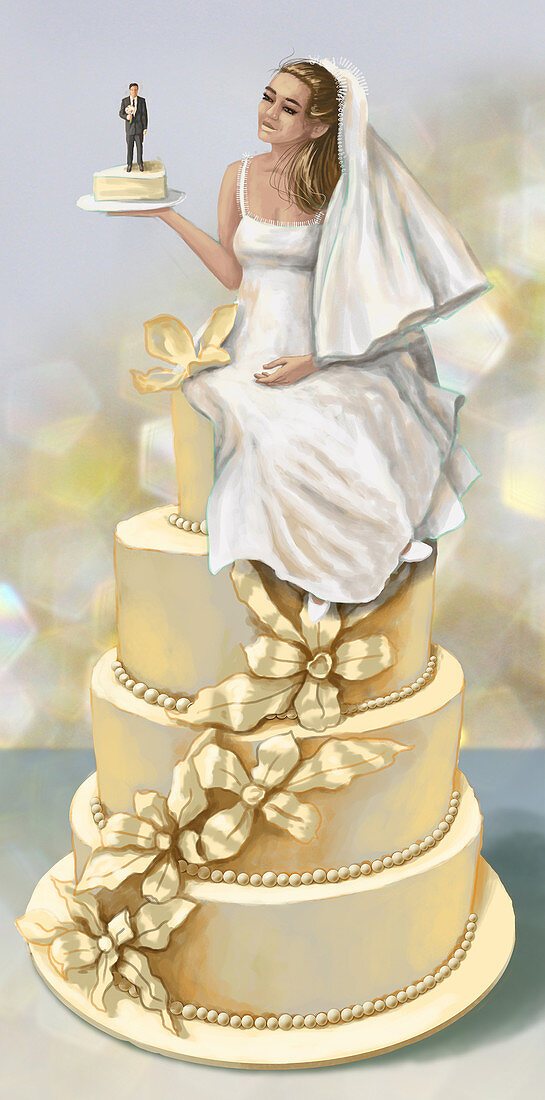 Illustration of bride and groom on cake