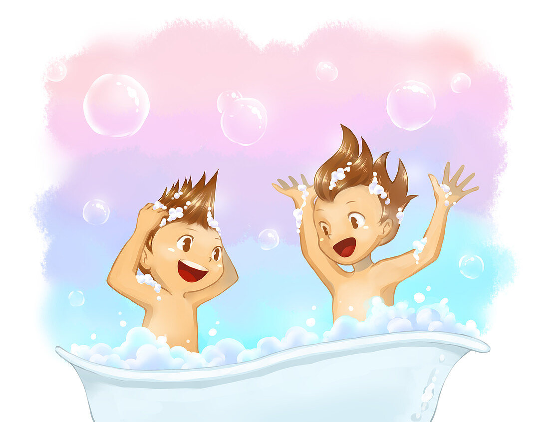Illustration of brothers styling hair while bathing