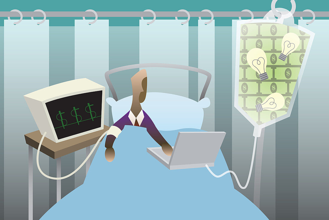 Businessman using a laptop in a hospital bed, illustration