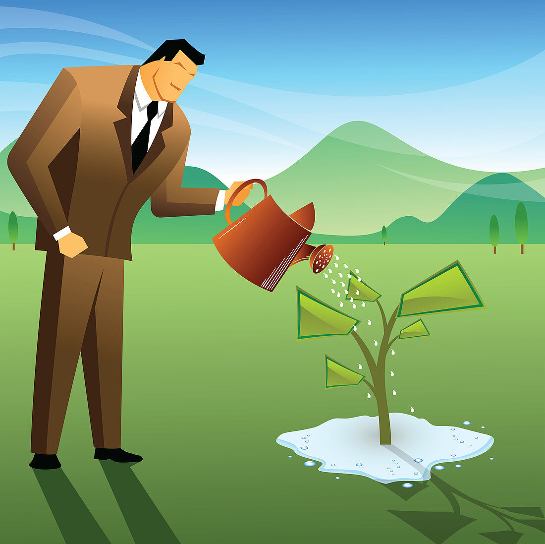 Businessman watering a money plant, illustration