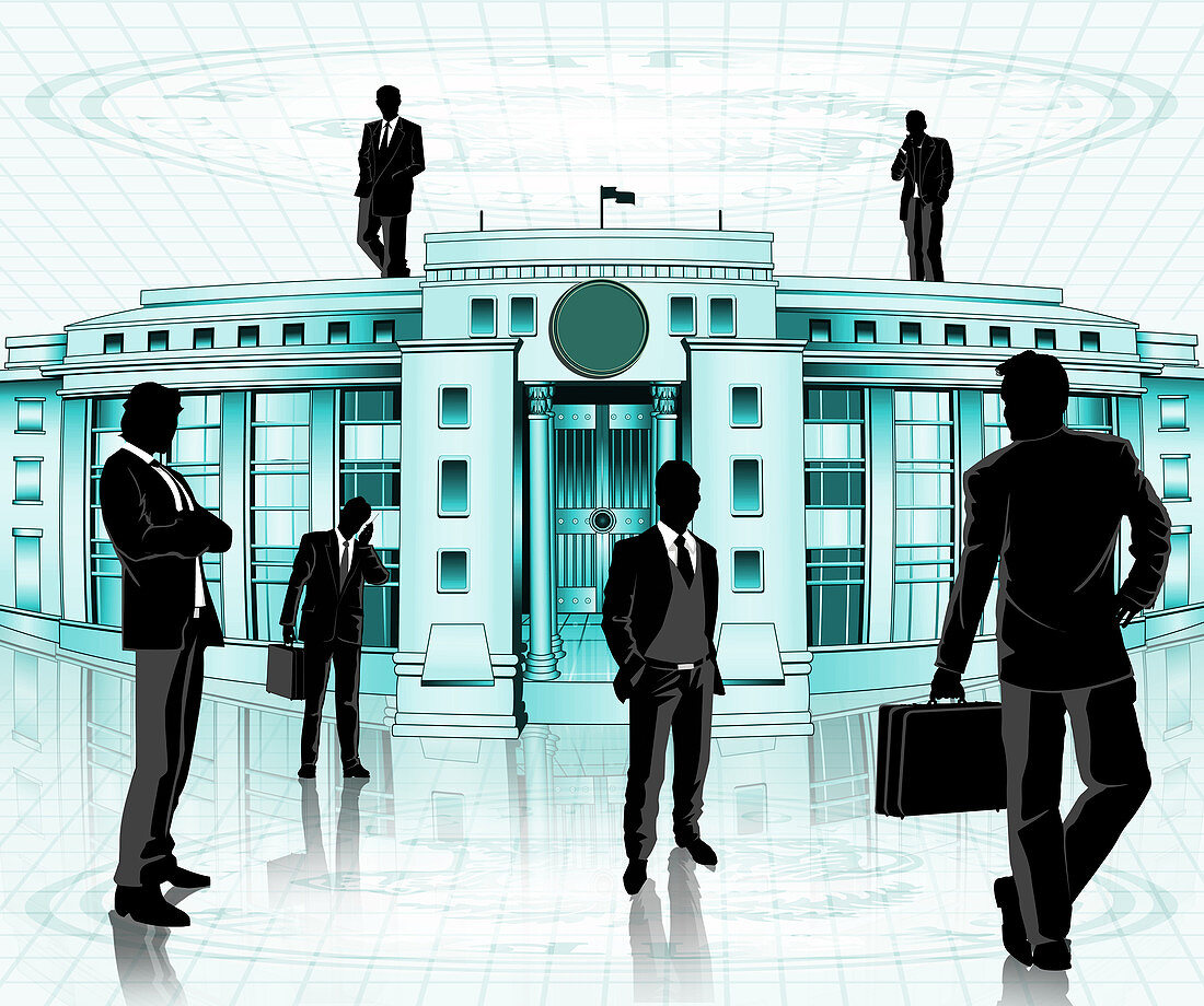 Businessmen in front of a central bank, illustration