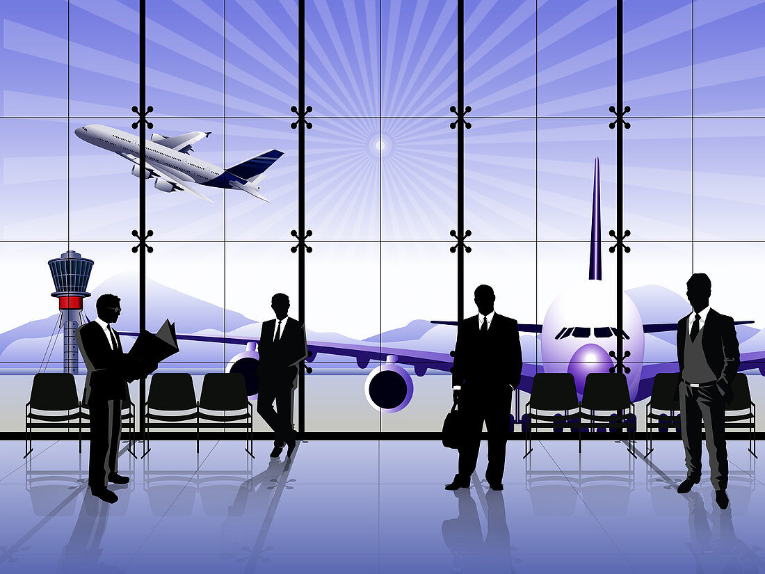 Businessmen waiting at an airport lounge, illustration