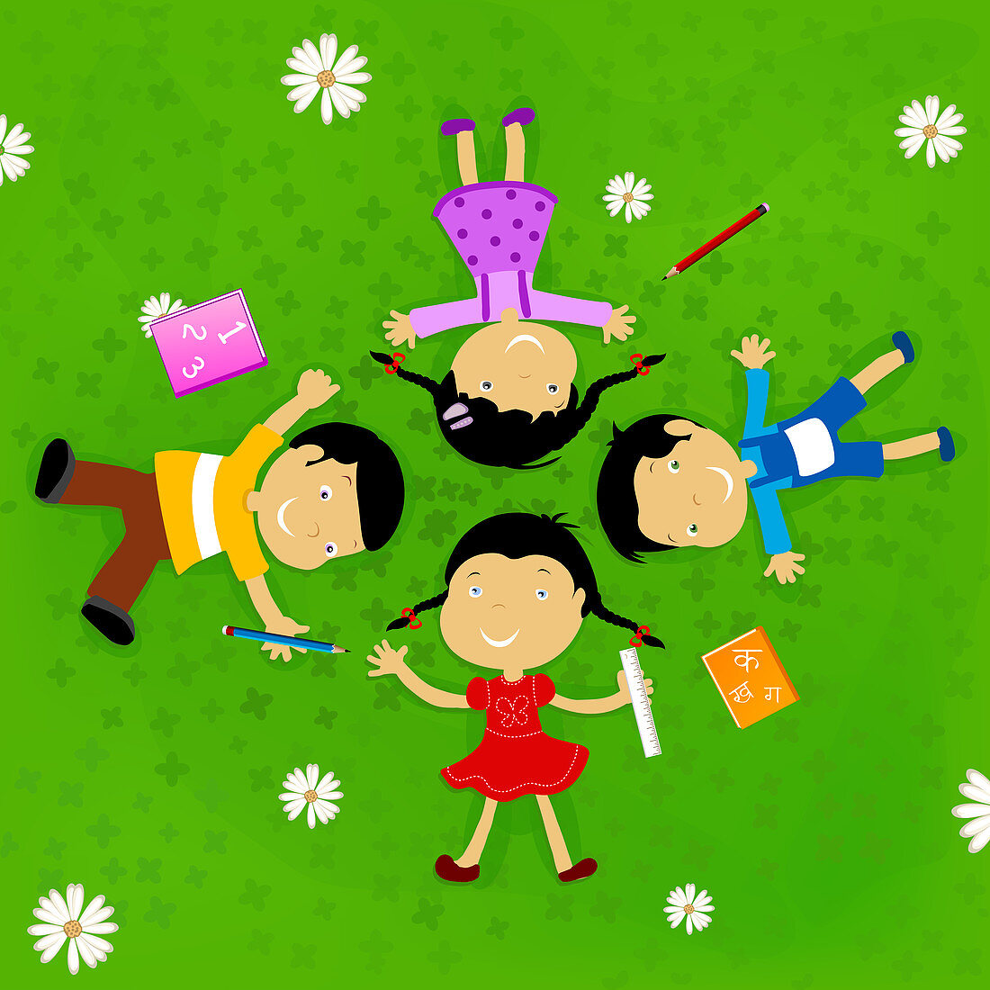 Children lying on grass, illustration