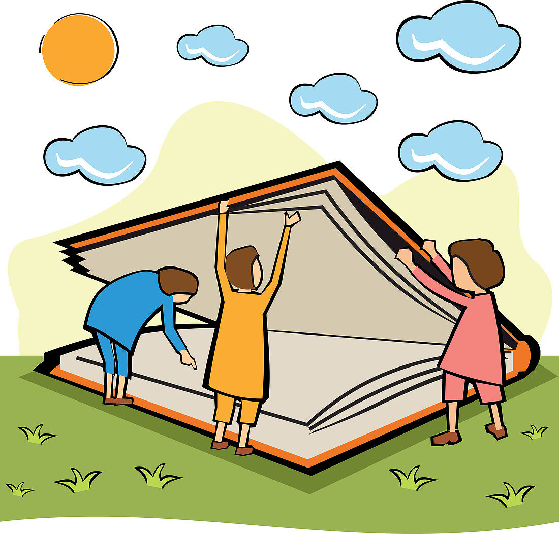 Children opening a large book, illustration