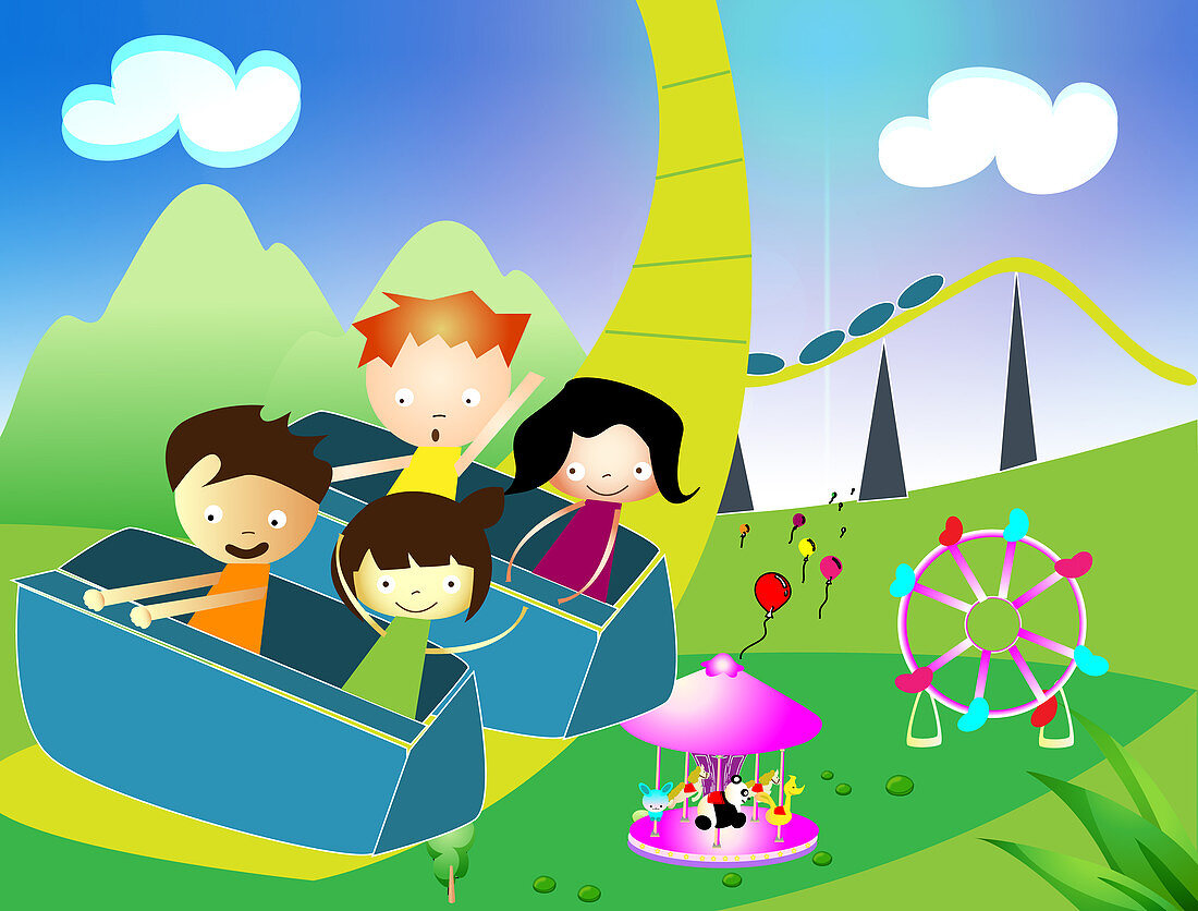 Children riding on a rollercoaster, illustration