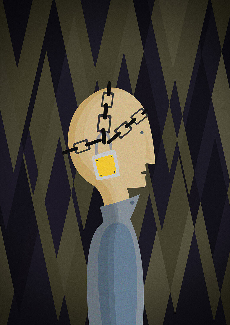 Conceptual illustration of man chained with padlock