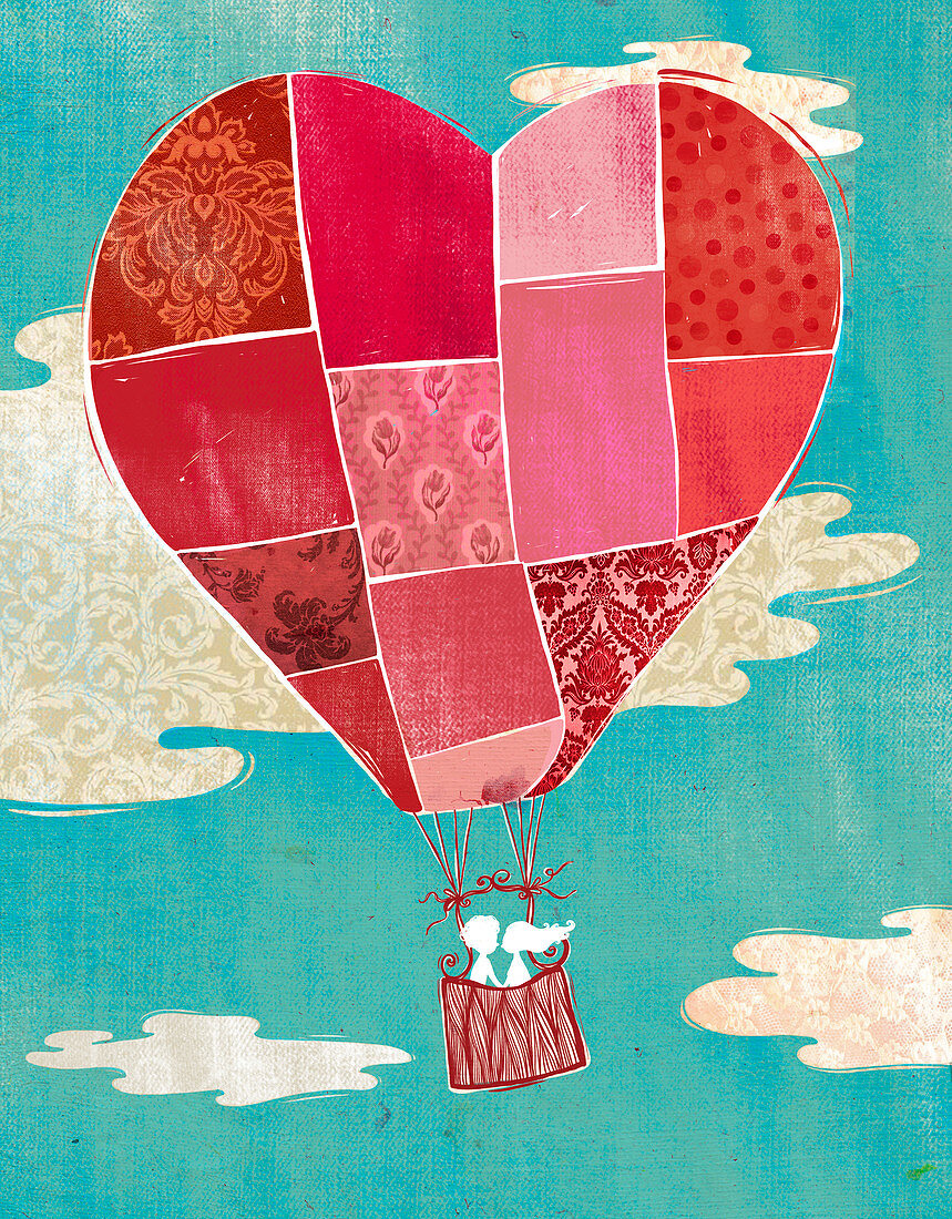 Illustration of couple in hot air balloon against cloudy sky
