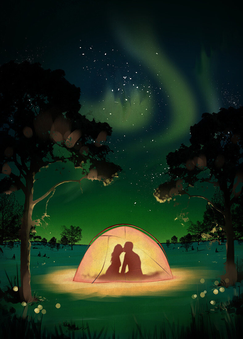 Illustration of couple kissing in tent at dawn