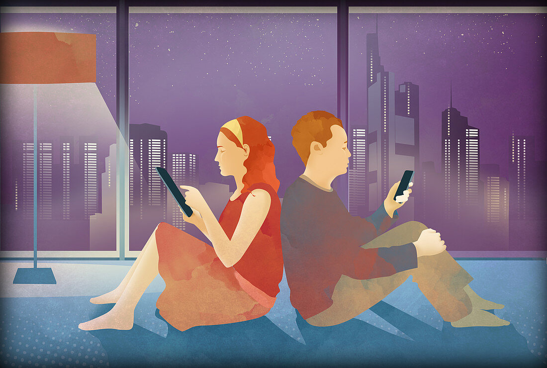 Illustration of couple using mobile devices