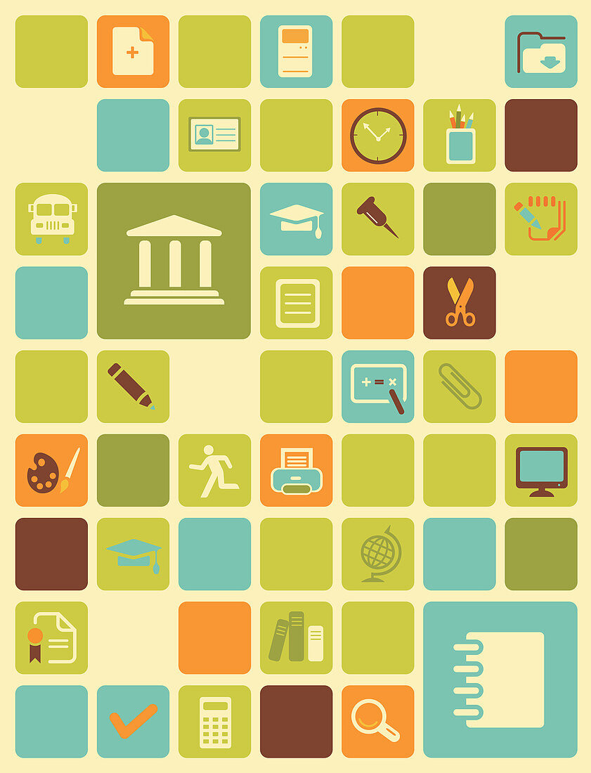 Illustration of educational icons over coloured background