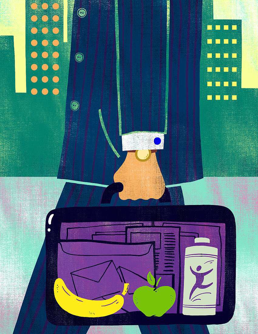 Illustration of fruits in businessman's briefcase
