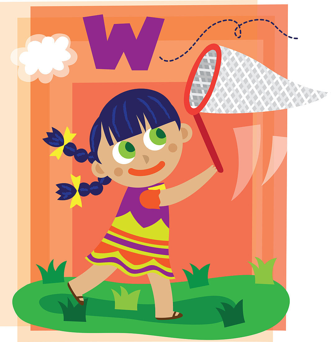 Illustration of girl catching letter W with butterfly net
