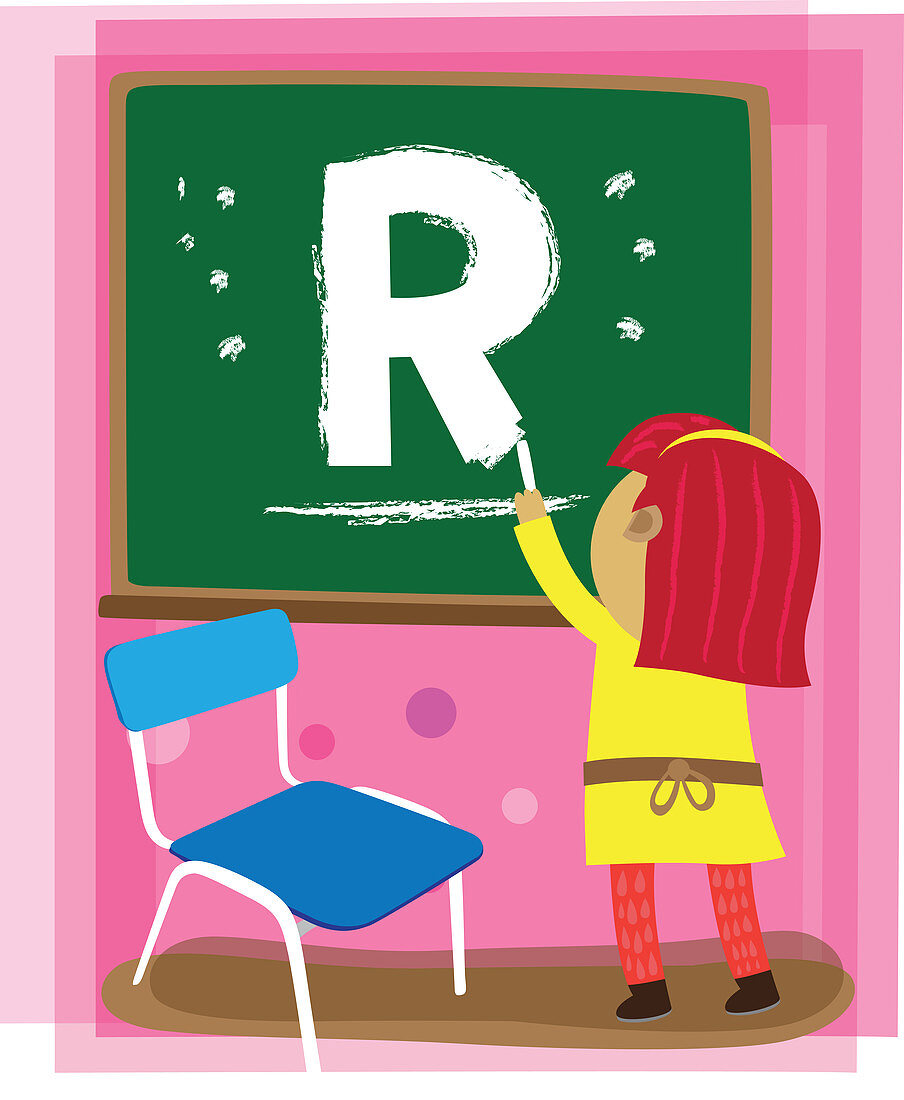 Illustration of girl drawing letter R