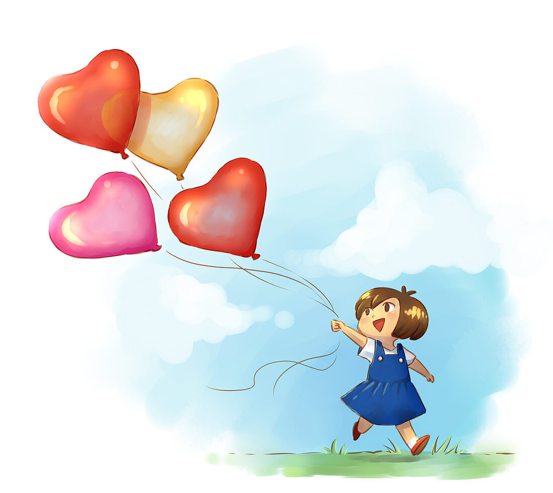 Illustration of girl playing with helium balloons at park
