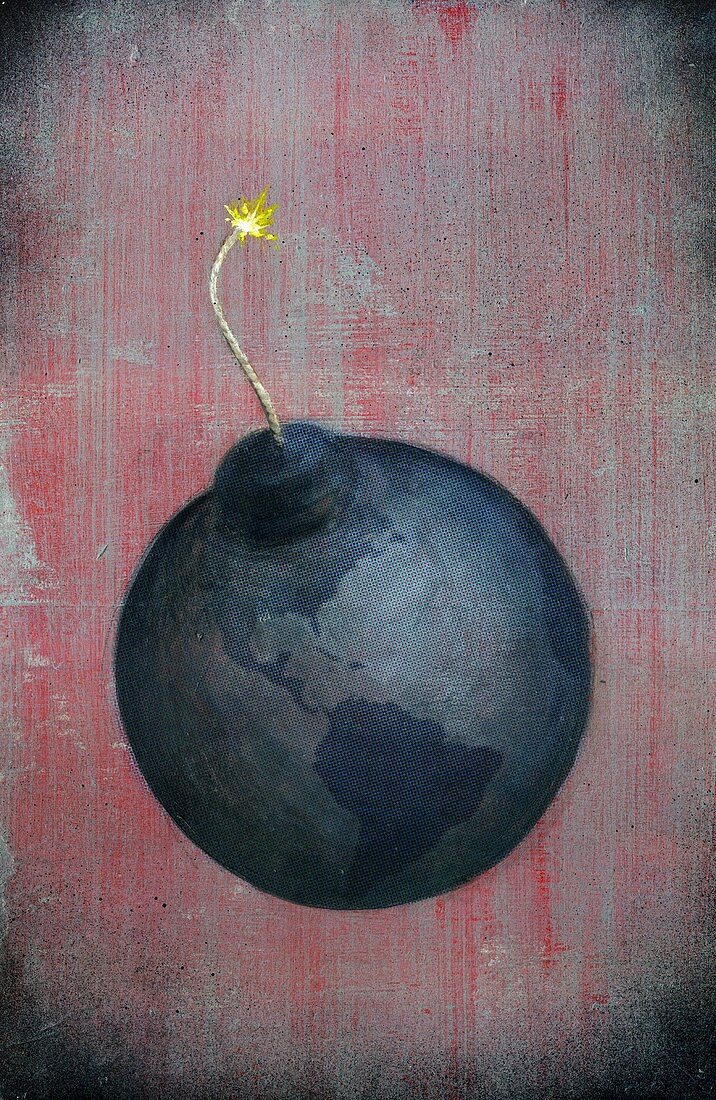 Illustration of globe lit up as a bomb